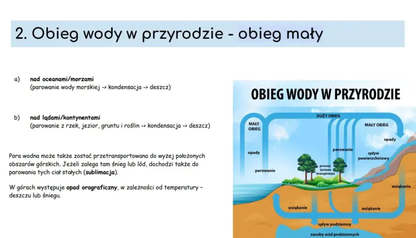 Schemat obiegu wody w przyrodzie. Woda paruje z oceanów, lądów i roślin, tworząc chmury, które przynoszą opady.
