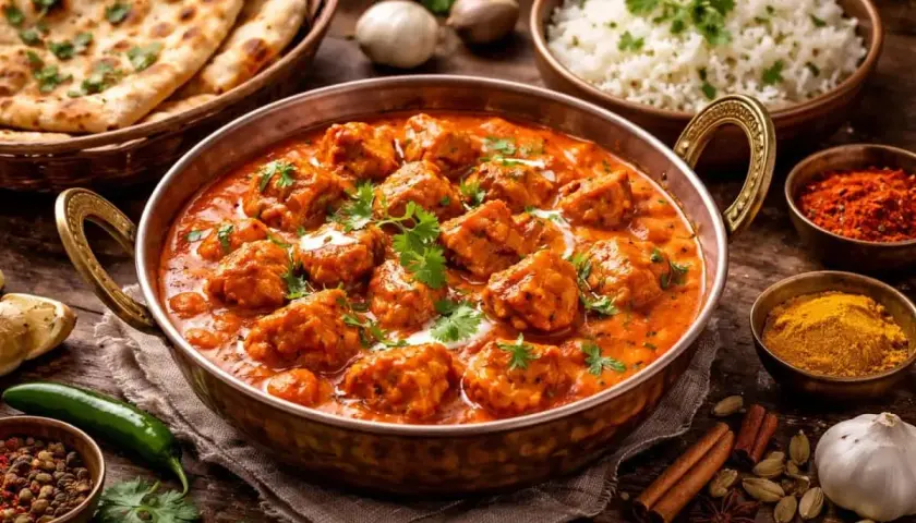 En skål med krämig tikka masala, serverad med fluffigt ris och naanbröd. Kryddor som kanel och kardemumma ligger utspridda runt om.