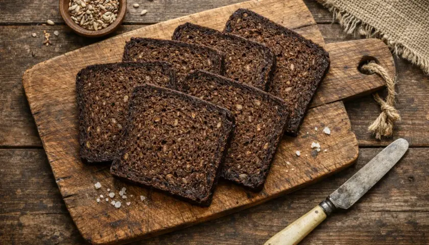 Tranches de pumpernickel sur une planche en bois, prêtes pour une délicieuse recette. Un bol de graines et un couteau complètent la scène rustique.