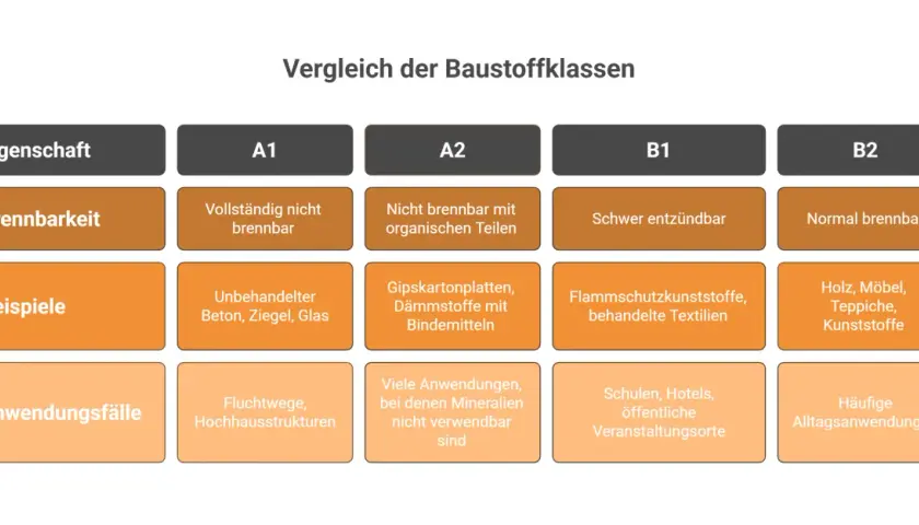 Vergleich von Baustoffklassen: B1 ist schwer entzündbar, B2 normal brennbar. Beispiele für B2 sind Holz, Möbel, Teppiche.
