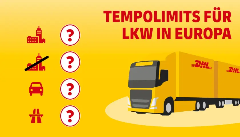 Tempolimits für LKW in Europa: Wie schnell darf ein LKW auf der Autobahn fahren? Icons zeigen Stadt, Autobahn und Auto.
