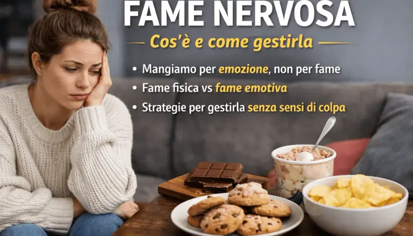 Donna pensierosa accanto a cibi tentatori. Immagine sul tema "Fame nervosa: cos'è e come gestirla".