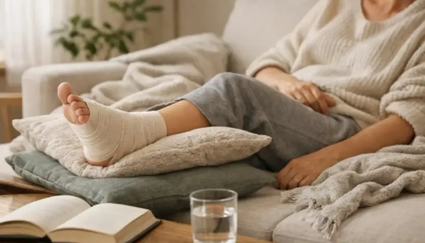 Osoba z zabandażowaną stopą leży na kanapie, z nogą opartą na poduszkach.