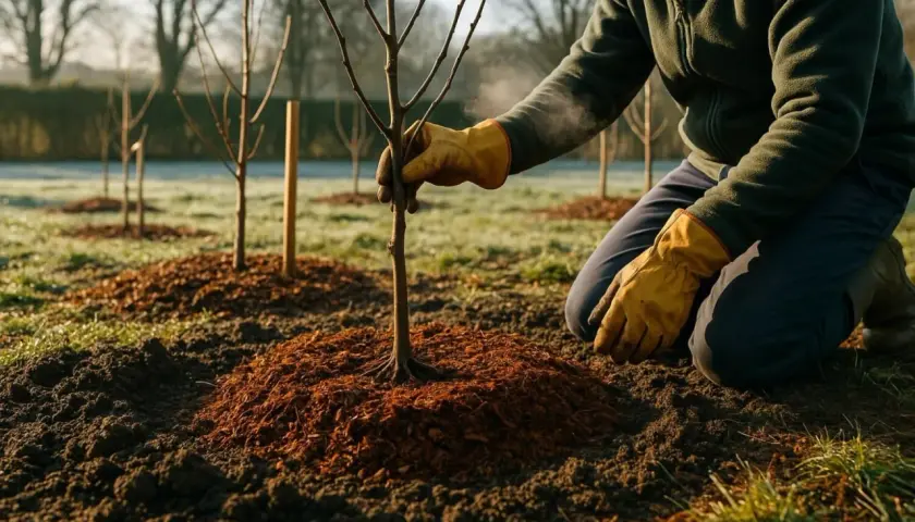 Un jardinier aux gants jaunes plante un jeune pommier. Le paillis brun entoure la base de l'arbre, prêt pour la plantation.