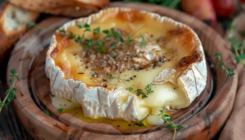 Un camembert au feu de bois, fondant et doré, garni de thym et de pain grillé à proximité.
