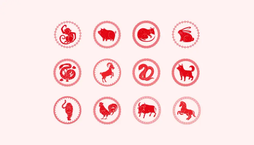 Czerwone, stylizowane chińskie znaki zodiaku: małpa, świnia, szczur, królik, smok, koza, wąż, pies, tygrys, kogut, wół, koń.