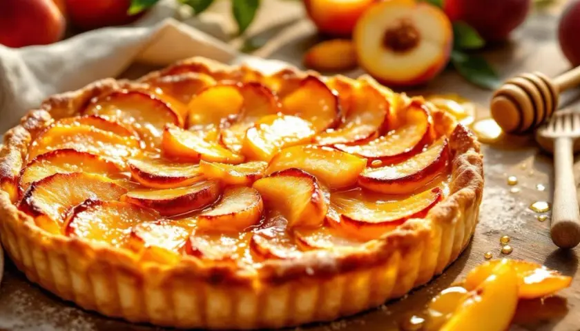 Une tarte croustillante aux pêches, dorée et appétissante, baignant dans un jus sucré. Des pêches fraîches et un miel doré complètent ce délice.