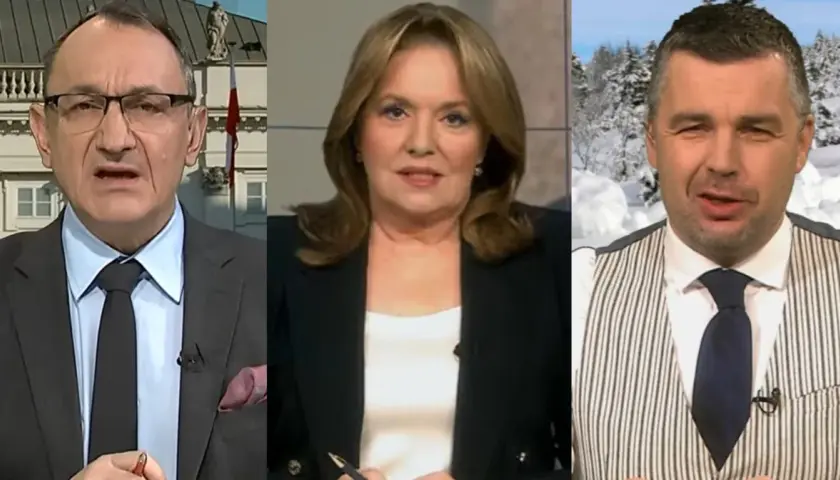 Trzech dziennikarzy i prezenterów TV Republika: mężczyzna w garniturze przed Pałacem Prezydenckim, kobieta w czarnej marynarce i mężczyzna w kamizelce na tle zimowego krajobrazu.