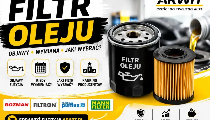 Dwa filtry oleju, jeden czarny z napisem "FILTR OLEJU", drugi pomarańczowy. Obok ikony symbolizujące objawy zużycia, wymianę i wybór filtra. Sprawdź filtry w ARWIT.PL.