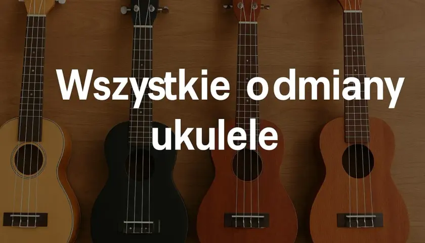Cztery ukulele w różnych kolorach: jasne, czarne, brązowe i ciemnobrązowe. To małe, czterostrunowe instrumenty, które są świetne do nauki gry.