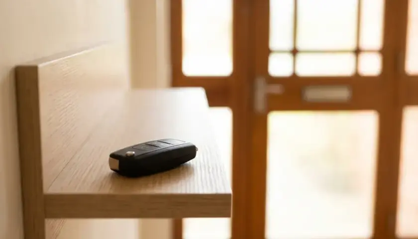 Kluczyk do samochodu leży na półce, gotowy do użycia z systemem keyless entry a keyless go.