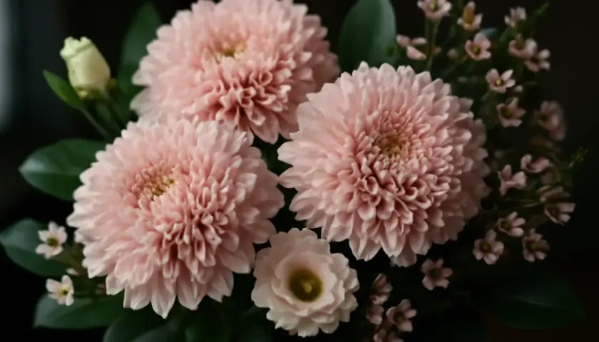 En bukett med rosa snittblommor, inklusive fluffiga krysantemum och små rosa blommor, visar upp olika snittblommor sorter.