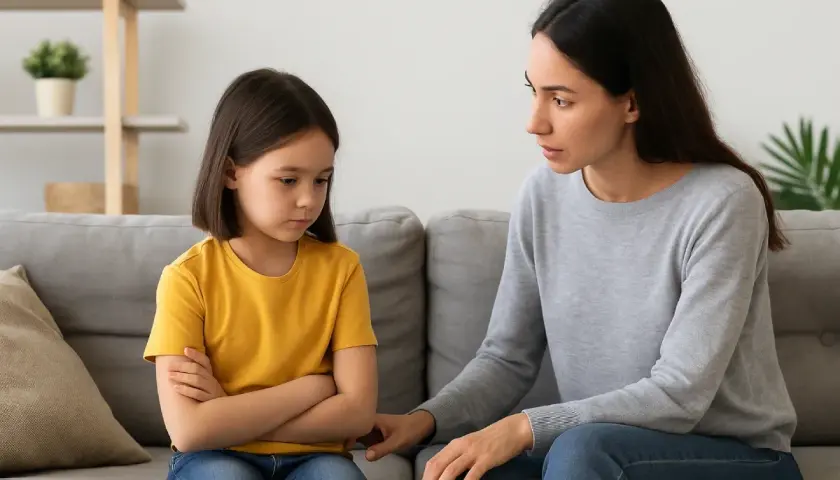 Madre habla con su hija, mostrando disciplina positiva. La niña, con los brazos cruzados, escucha atentamente.