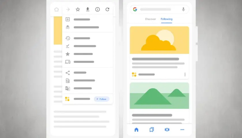 Menu z opcjami, w tym jak wyłączyć Discover. Obok ekran Google z kartami Discover i Following.