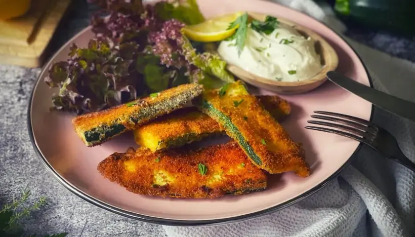 Knusprig panierte Zucchini-Sticks mit Dip, Salat und Zitrone. Ein leckerer Snack für zwischendurch.