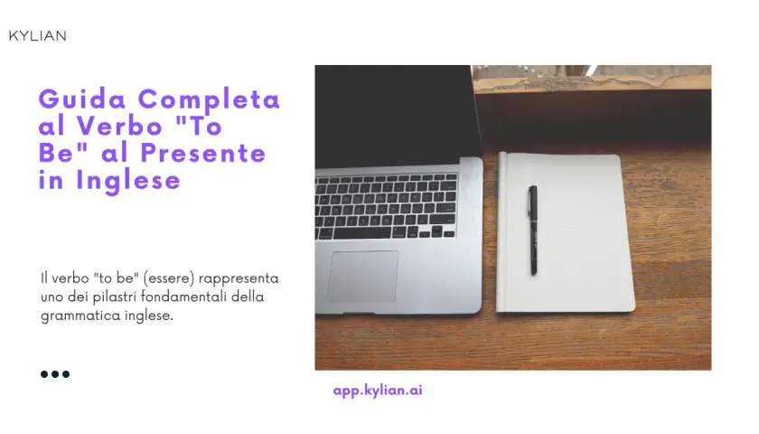Guida al verbo "to be" in inglese, essenziale per la grammatica. Laptop e quaderno su un tavolo di legno.
