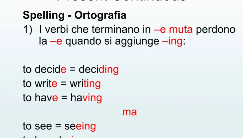 Spelling del Present Continuous: verbi che terminano in -e muta perdono la -e aggiungendo -ing. Esempi: deciding, writing, having, seeing, being.