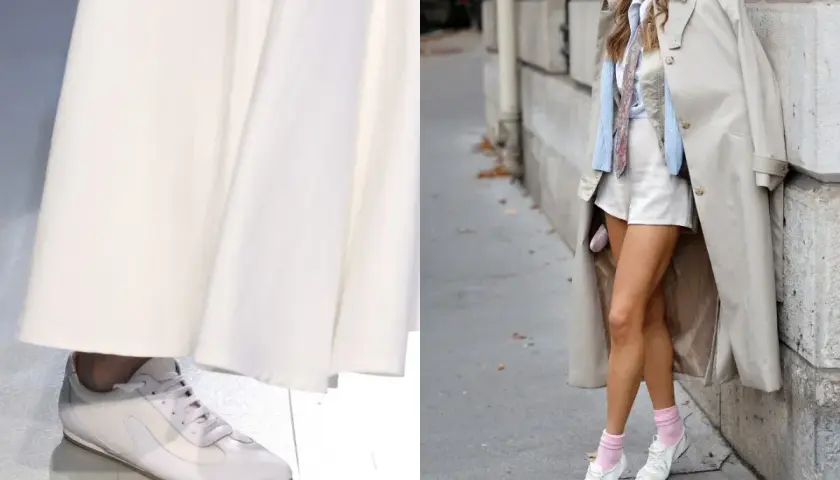 Białe, najmodniejsze buty sportowe dopełniają stylizację z długą, białą suknią lub krótkimi spodenkami i trenczem.