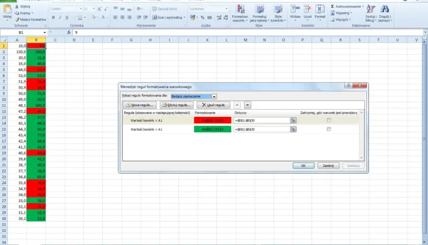 Excel: menedżer reguł formatowania warunkowego, gdzie komórki zmieniają kolor jeżeli wartość jest mniejsza lub większa od A1.