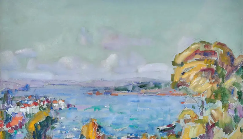 Peinture impressionniste d'une baie avec des maisons colorées et des rochers.