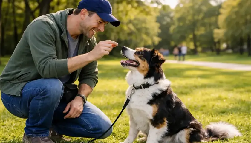Ein Mann gibt seinem **labrador bellt** im Park ein Leckerli. Der Hund sitzt brav und schaut erwartungsvoll.