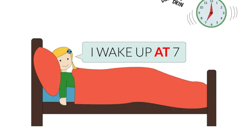 Bambina nel letto, sveglia suona. Impara le preposizioni di tempo: "Mi sveglio alle 7".