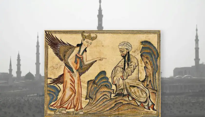 En ängel med vingar pekar på en man i turban. Bilden kan illustrera vem var Muhammed och hans möte med ängeln Gabriel.