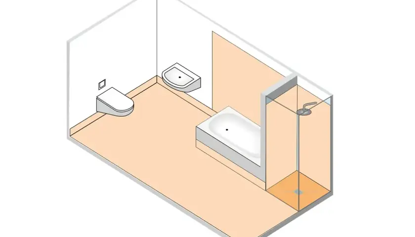 Badezimmer-Grundriss mit Toilette, Waschbecken, Badewanne und Duschkabine. Die Nassbereiche sind gemäß DIN 18534 gestaltet.