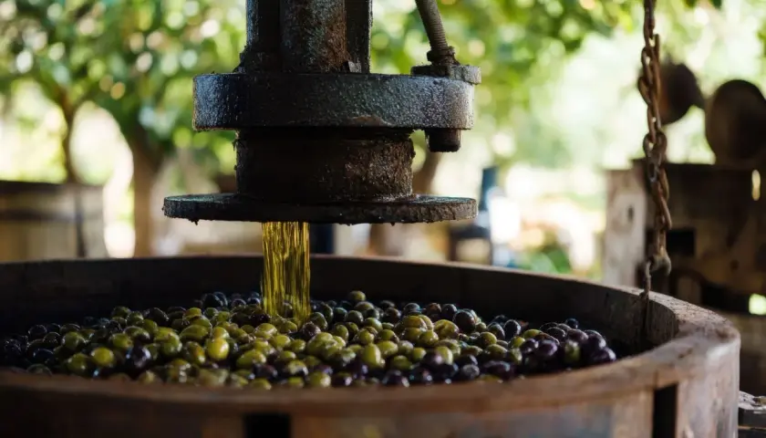 Aceite de oliva virgen goteando sobre aceitunas en una prensa antigua. Así es como hacer aceite de oliva en casa.