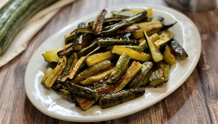 Zucchine al forno con pangrattato e parmigiano, dorate e croccanti, servite su un piatto bianco.