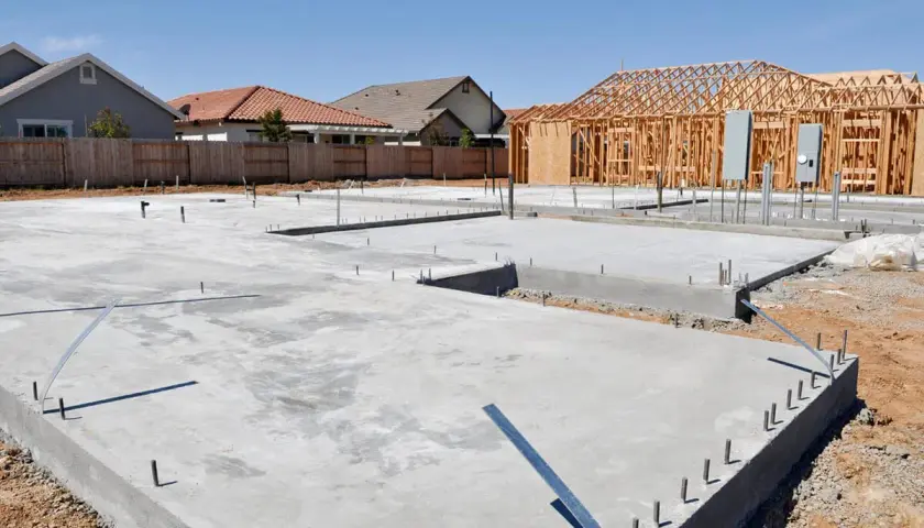 Fundament domu z chudego betonu, z widoczną konstrukcją szkieletową przyszłego budynku i rurami instalacyjnymi.