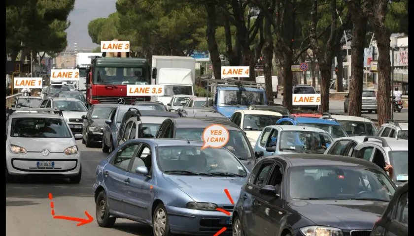 A chaotic traffic jam in Sicily, with cars in multiple lanes. A driver in a blue car has a speech bubble saying "YES I CAN!".
