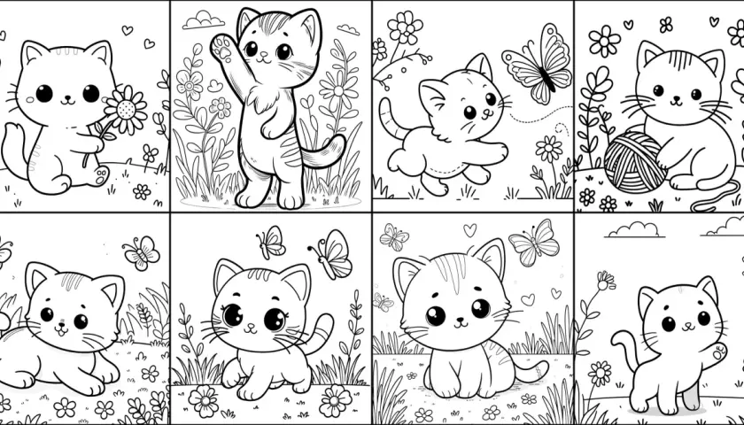 Ocho adorables gatitos para colorear, jugando con flores y mariposas. ¡Un mundo de diversión para pintar!