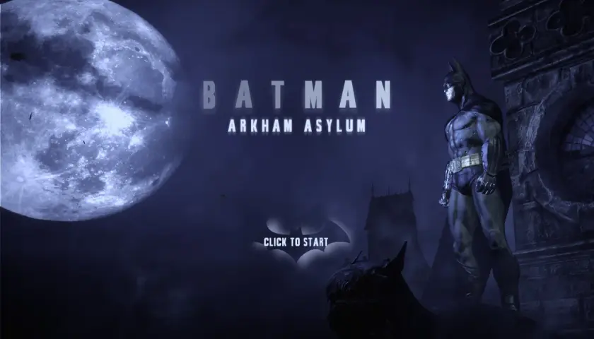 Batman Arkham Asylum spolszczenie. Mroczna noc, wielki księżyc i Batman na dachu. Kliknij, by rozpocząć.