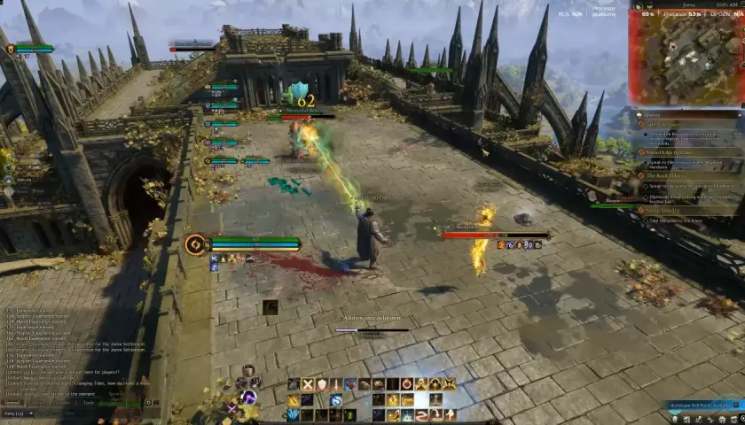 Gracze walczą z potworem w grze typu najlepsze gry mmorpg. Widać paski zdrowia, umiejętności i czat.