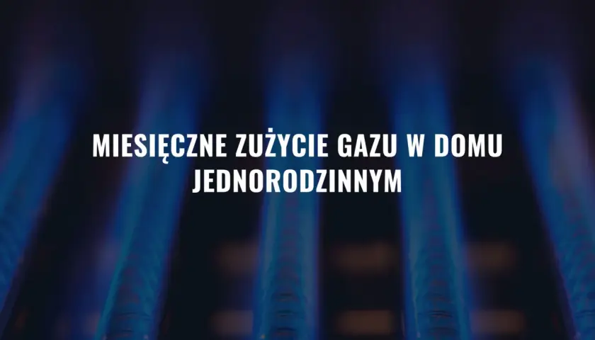 Płomienie palnika gazowego. Tekst: "Miesięczne zużycie gazu w domu jednorodzinnym".