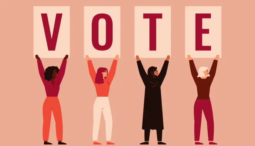Vier Frauen halten Plakate mit den Buchstaben V, O, T, E hoch. Ein Symbol für den Kampf um das Frauenwahlrecht in Neuseeland.