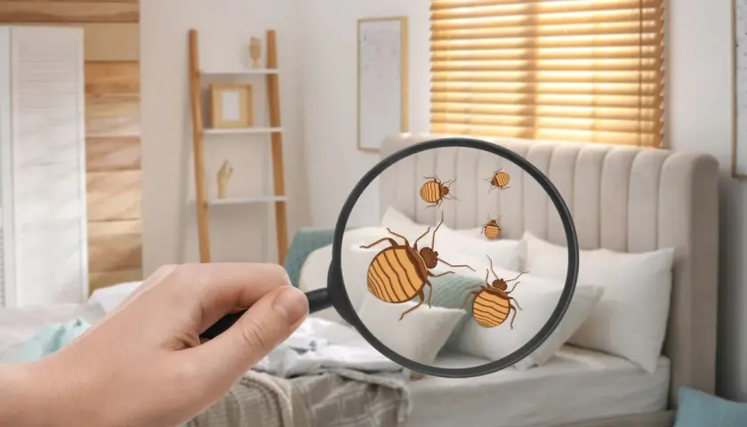 Une main tient une loupe révélant des punaises de lit sur un lit. Que le propriétaire ou le locataire soit responsable, l'infestation est visible.