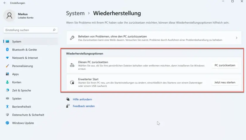 Windows-Einstellungen: PC neu aufsetzen. Optionen zur Wiederherstellung des Systems, um den PC zurückzusetzen oder den erweiterten Start zu nutzen.