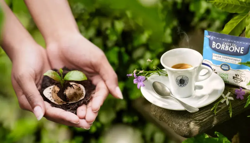 Mani che sorreggono un germoglio nato da fondi di caffè per basilico, accanto a un espresso Borbone.