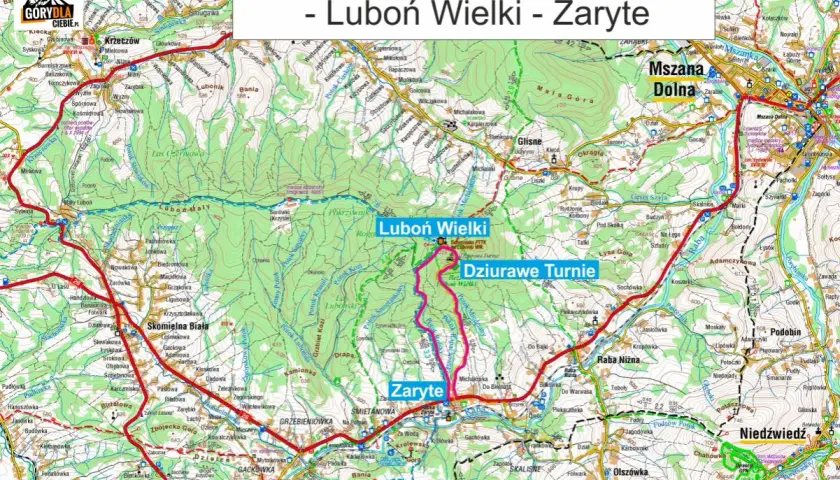 Trasa Zaryte - Dziurawe Turnie - Luboń Wielki. Mapa turystyczna z zaznaczonymi szlakami, w tym luboń trasa.