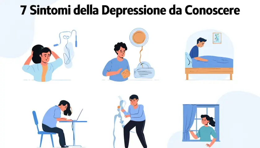 Illustrazioni di persone che mostrano sintomi di depressione, ma con piccoli segnali di ripresa dalla depressione, come un accenno di sorriso o un gesto di apertura.