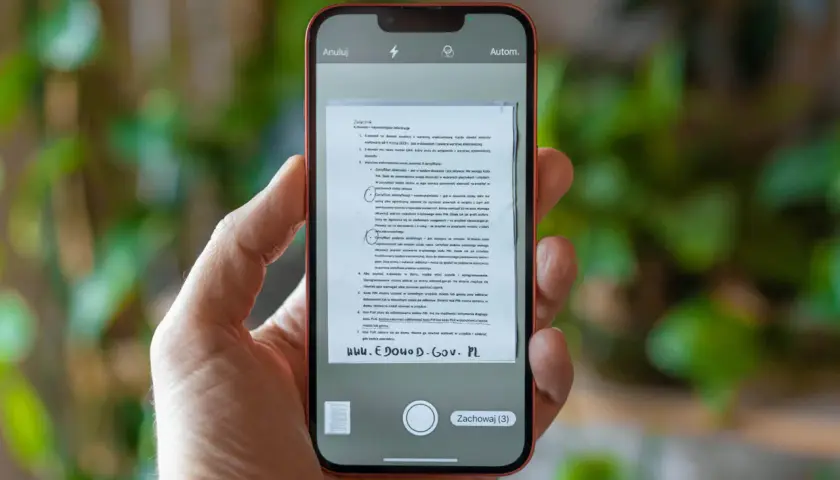 Dłoń trzyma telefon z włączonym skanerem w telefonie, który skanuje dokument.