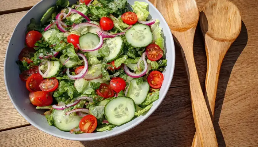 Fräsch sommarsallad till grillat med krispig sallad, tomater, gurka och rödlök. Perfekt tillbehör!