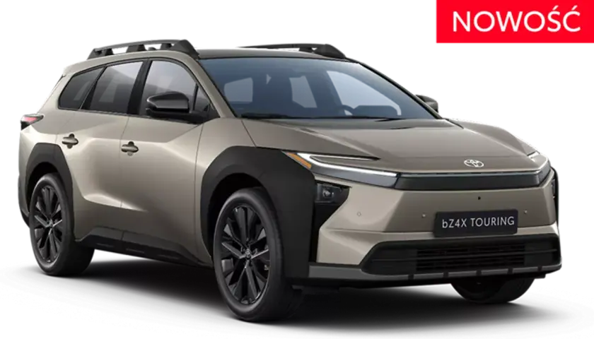 Nowy, beżowy Toyota bZ4X Touring z czarnymi dodatkami i relingami dachowymi, gotowy na każdą podróż.