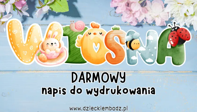 Urocze, wiosenne kwiaty i zwierzątka zdobią napis "WIOSNA" – idealne kwiaty wiosenne do wycinania, darmowe do druku.