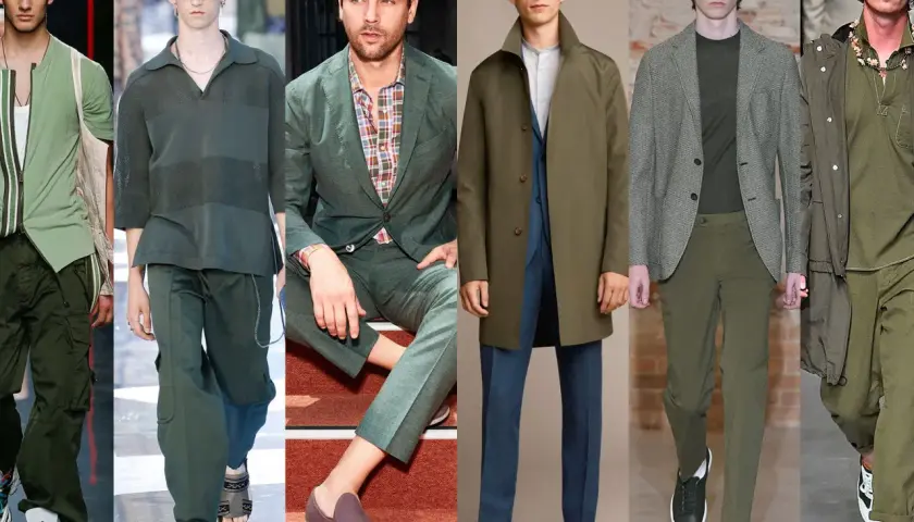 Męskie stylizacje w odcieniach **kolor sage**: od casualowych bojówek po eleganckie garnitury i płaszcze.