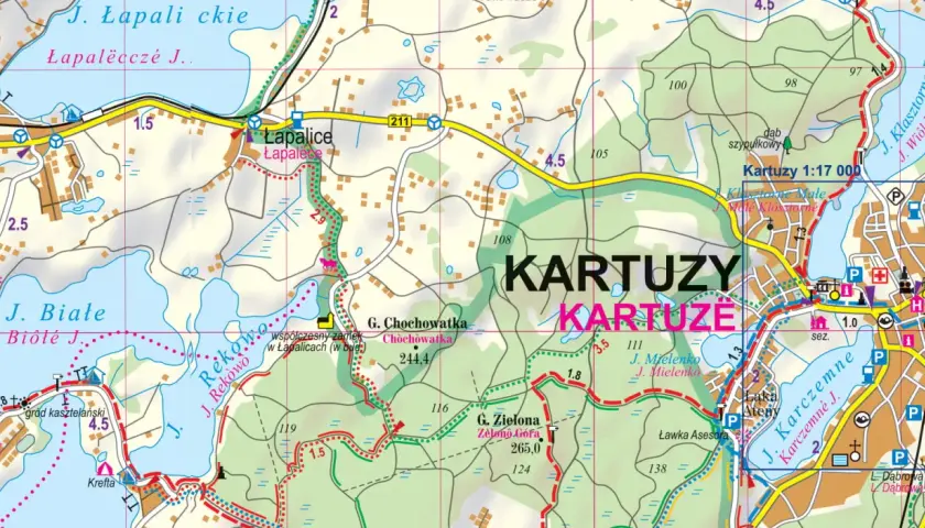 Fragment mapy turystycznej przedstawiający jeziora i miejscowości w **Kaszubskim Parku Krajobrazowym**, w tym Kartuzy.