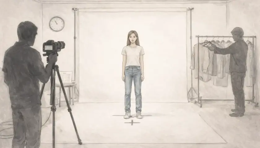 Sesja zdjęciowa modelki w studiu, fotograf z aparatem, wieszaki z ubraniami.