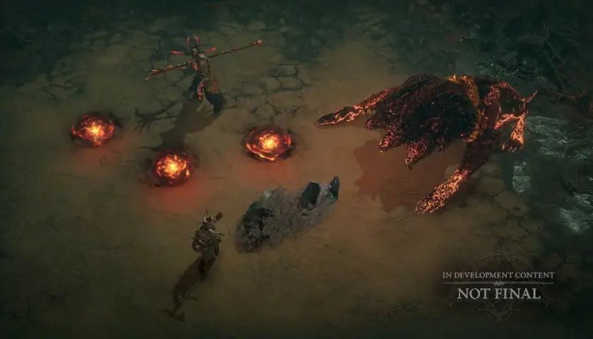 W mrocznych podziemiach koszmarów Diablo 4, wojownik stawia czoła płonącemu potworowi i demonicznej postaci, otoczeni ognistymi kręgami.